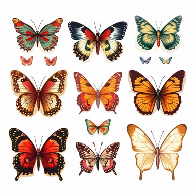 Butterfly Set Closeup Isolated on White Background. Design Template, Clipart of Butterfly Detailed Butterfly in Various Shapes, HD,