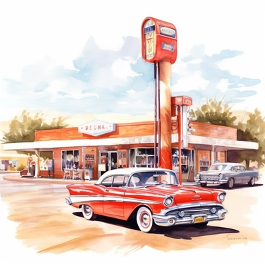 A iconic Route 66 road trip, featuring retro diners, gas stations, expensive vintage car, and desert landscapes, american style, watercolor, clipart,