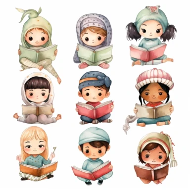 Many different nationality Cute little children reading a book, folk art, watercolor, clipart elements, kawaii, white background
