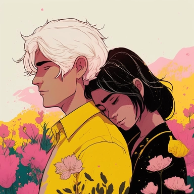 Dreamlike hyper realistic illustration of a couple in love embracing. The man has black hair. The girl is has white hair. In a field of pink and yellow flowers. Flat colors, simple lines, gorgeous lighting, graphic novel style, 2d painting, ink painting style, digital art, childrens character design, happy mood, pixar style cartoon, line work, minimalist, watercolor, 8k, PNG, clipart on white background, sticker style, studio ghibli vibe, studio ghibli style,