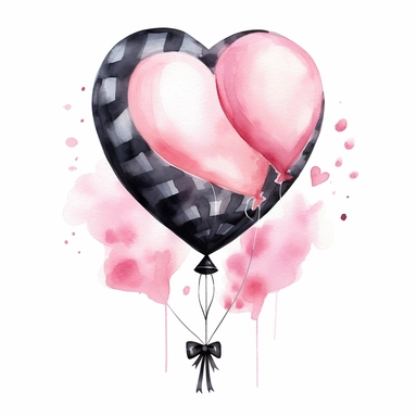 Watercolor pink and black birthday heart shape balloon drawing, illustration clipart, high detailed, white background, digital art