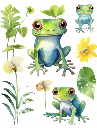 frog Watercolor Clipart, Cute Baby Shower Graphics