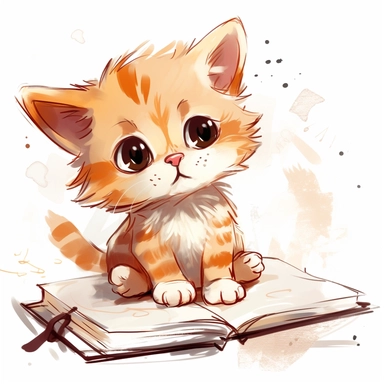 Clipart of a charming kitten engrossed in a story, Hand Drawn Back To School Clip Art, white background
