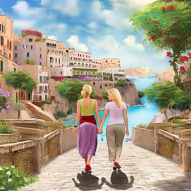panoramic view, full view, landscape, two beautiful older female best friends with blonde hair walking side by side not holding hands facing forward smiling and chatting, beautiful faces, along a cobblestone walkway in a beautiful mediterranean town with view of beautiful blue water, cascading bougavanelia, beautiful summer day, illustration clipart, photo realistic, romantic, fantasy, ethereal, sharp focus, high detail,