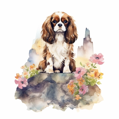Painting and Illustration Watercolor Print Watercolor Portrait Watercolor King Charles Spaniel Sitting Atop a Mountain with Flowers Crooked Art Clipart for Print Art Watercolor Painting Watercolor Watercolor Charles Spaniel Art Udal Art for Commercial Use