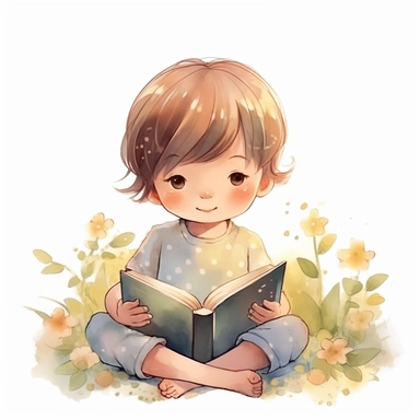cute little boy reading a book, folk art, watercolor, clipart elements, kawaii, white background