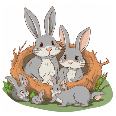 a cartoon clipart of A family of rabbits, including parents and baby bunnies, snuggling together in a cozy burrow