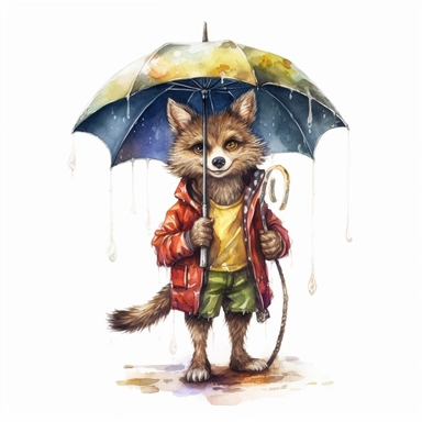 Cute Adorable magical little Werewolf holds laterally a umbrella in his hand wears a raincape and stand in the rain on a country road, clipart, photorealistic illustration, watercolor, high detail, 8k polished, 8k, vibrant colors, white background