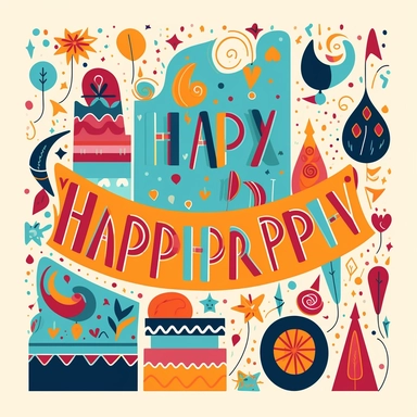 pictures happy birthday happy birthday word free clipart, in the style of mid-century illustration, cheerful colors, ornamental details and embellishments, graphic illustration, energetic mark making, bright palette, storybook illustration