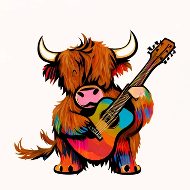 beautiful abstract of a highland cow, playing guitar colourful oil style, no background, black outline, cartoon style, vector illustrations, clipart style