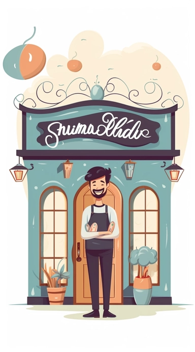 Charming store logo, cozy dreams, whimsical, male character at a storefront. A charming storefront logo featuring a whimsical male character with a cozy dream bubble above his head, inviting customers to enter a magical world of imagination and wonder. Clipart graphic, vector, contour, white-background