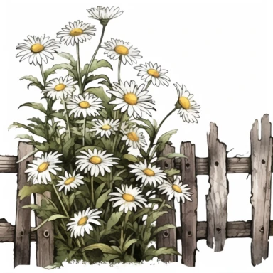 chamomile plant, against a old wood rail fence , clipart, vintage, edith holden style, hyper hd--q2--v5.1