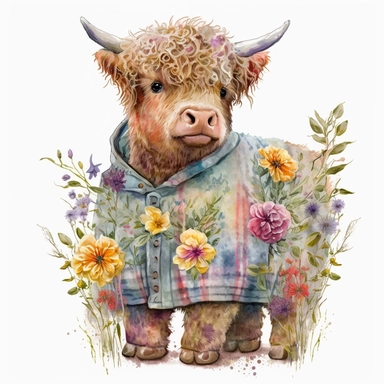 A captivating watercolor clipart: a lively highland calf dressed in adorable clothes, exploring a garden of blooming flowers. Playful and charming. HD quality. Resolution: