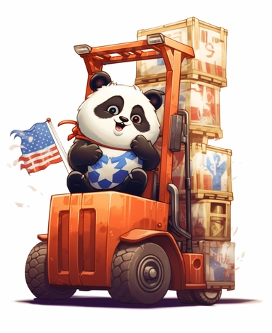 Showcasing a cartoon panda as a forklift operator, with the design incorporating patriotic elements and symbols representing the United States. The overall design can appear polished and poignant, with the panda proudly operating the forklift, that can be used as a sticker, colorful, highly detailed, with a white background, in the style of Pixar clipart, and no cut off edges.