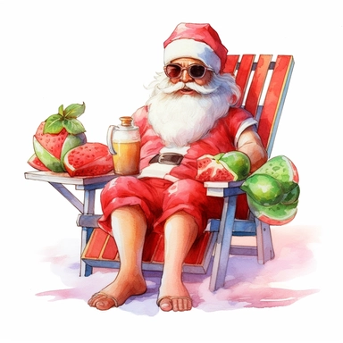 cute Santa Claus Wearing Sunglasses, sitting on a beach chair and eating watermelon, style by Lucy Fleming, watercolor, smooth gradients, black contour outline, ultra detailed, clipart elements, delicate pastel colors, solid white background, super clear, high quality