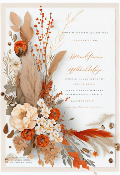 beautiful, intricate, sharp focus, light orange, tan, and brown fall colors, boho wedding invitation with white fluffy tail flowers,white wintergreen berries, dried grasses, dried leaves, dried flowers, show entire invitation, no border, clipart, on white background, flat lay, extreme detail, wedding invitation,