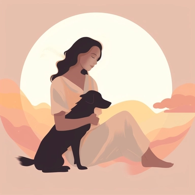 create a clipart cartoon minimalist, featuring the silhouette of a woman and a dog cuddle with her, light colours shades, aesthetic
