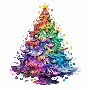 Christmas Tree, style by Lisa Frank, watercolor, smooth gradients, black contour outline, ultra detailed, clipart elements, vibrant colors, solid white background, super clear, high quality