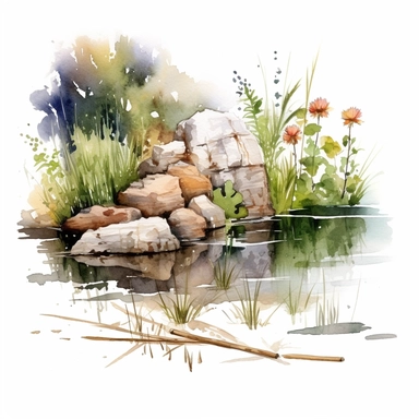 watercolor pond, clipart, in the style of plein air scenes, white background, waterfall from rocks, insects, cattails, wildlife, darker browns and realistic colors