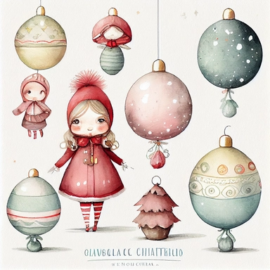 A watercolor painting of christmas ball collection, christmas, cute detailed digital art, inspired by nicoletta ceccoli, by Kubisi art, whimsical and cute, by nicoletta ceccoli, cute detailed artwork, glimmering, adorable and whimsical, whimsical art, Clipart style, png style, svg style, blank white background, a solid white background