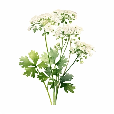 An image of a flowering chervil plant, showcasing its small white flowers clipart, white background, watercolor sophisticated drawing