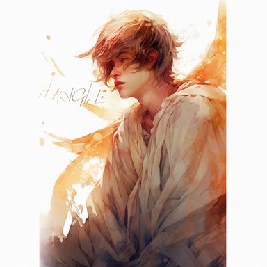a hadsome relistic angle man, alchemy of the soul, Takehisa Yumeji's art style, soft, glowing watercolour clipart, isolated clipart, white background