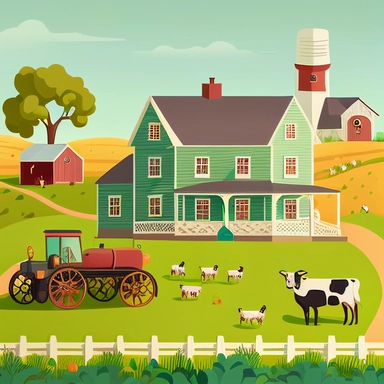 farm house cartoon, farm house with animals, farm house in front of animals, farm house with tractor, clipart, hand drawn, farm style, agriculture, green grass farm house, green grass area, farmhouse with agriculture, farm animals , light colors