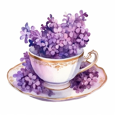 watercolor painting,Purple Lilacs in teacup clipart, beautiful teacup clip art, fancy teacup, delicate little teacup, victorian