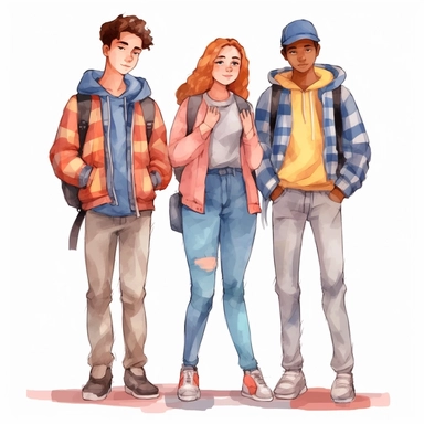 watercolor, Group of diverse modern students or classmates standing together. Portrait of happy young people png Full body realistic cartoon in 32K UHD cute. 15 cm thick outline. Black color. There was no shadow on the ground. 8k with realistic watercolors and detailed illustrations. PNG clipart, transparent white background