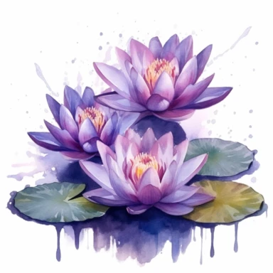 lotus flowers with dark purple blossoms floating on the water artistic watercolor with a delicate touch with shadow gradation white background clipart high quality 8k hyper detailed
