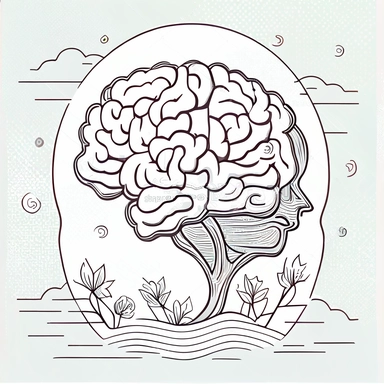 brain with flowers growing from it , line art, clip art, logo style, basic line art, vector style, illustration, isolated on white background