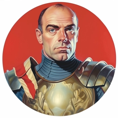 Arthur Sarnoff's character portrait circular tondo depicting an uniformed knight, Mike Allred Josh Kirby, clipart illustration, circular solid background circular border
