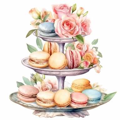 Clipart, Watercolor, Blush Peony Shabby Chic Tier Candy Tray with cupcakes, Macarrons and sandwiches, light colors, hand-draw, texture