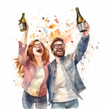 excited COUPLE, popping a bottle of champagne, toasting to their new life together, watercolor, Pixar style, Clipart on a white background