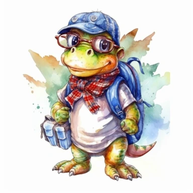 High resolution, cute kids dinosaur with backpack to school, watercolor clipart, Watercolor Sublimation design, white background for removing background