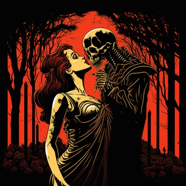 svg, clipart, death tongue kissing a beautiful women in a black dress, at a cementary
