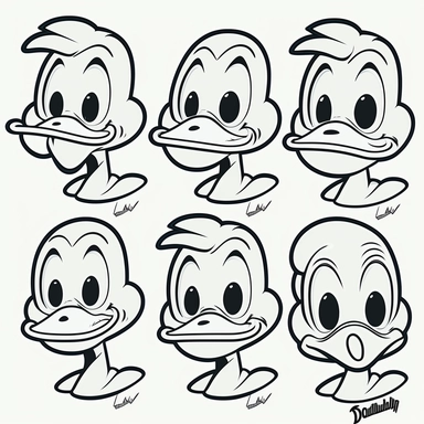 only outline of donald duck with various facial expressions for children's drawing, clipart
