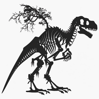 a free print dinosaur skeleton silhouette, clipart, full body, black and white,no background, transparent