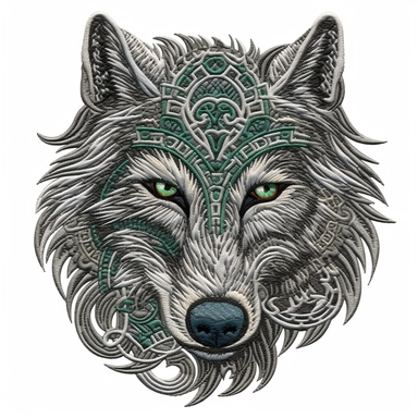 an embroidery design of a celtic wolf, highly detailed, white background, clipart
