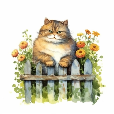 chubby cat on fence a few flowers watercolour clipart ~~ar 9:8