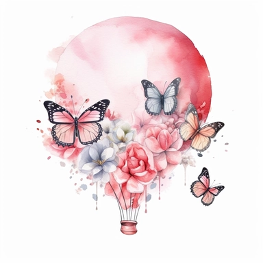 butterfly pink floral hot air ballons watercolor clipart,hd,space out,-- 3:2--,--s,1000,--v 5