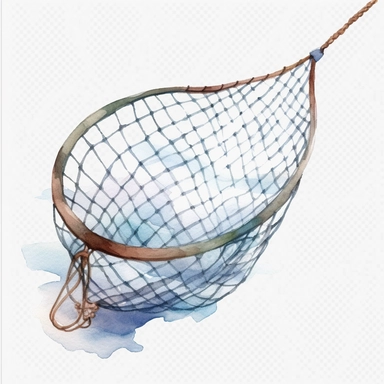 Watercolor fishing net clipart, white isolated background, space out, hd
