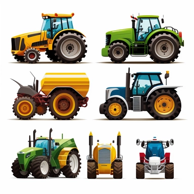 vibrant agricultural vehicles, each front profile view, detailed vector illustration, clipart, svg, white background