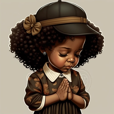 clipart style Afro Latina 7 years old, praying, happy praying hands, curly dark brown hair wearing a beret hat, closed eyes, short sleeve summer dress, dress over the knees.