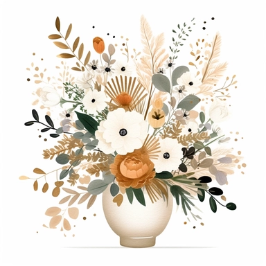 Mid Century Modern Art, Neutral Modern Art, Boho Art of a flower arrangement with Snow in Summer flowers in a vase, Clipart, massive flowers splash, LUSH, flowers splash, full Illustration, ((white background))