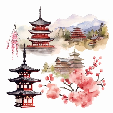 1 detailed travel clipart Japan in the style of Watercolor clip art, clipart, on a white background