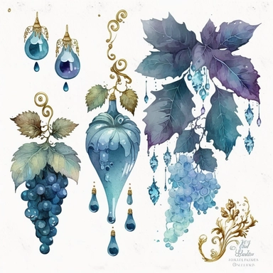 blue rococo grape jewels icicles watercolor clipart