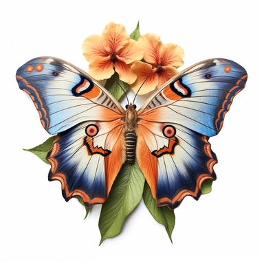 a female Chinese moon moth, surrounded by blue and orange flowers, romantic bloomcore, beautiful beyond belief, photo clipart on solid white background