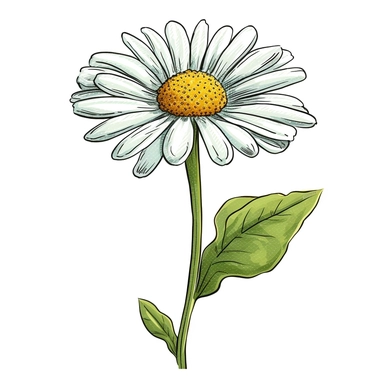 Envision a hand-drawn, detailed clipart of a daisy flower. The daisy is vibrant and fresh, with its central disk a cheerful yellow and the surrounding delicate petals rendered in a crisp white. The petals fan out symmetrically, creating a harmonious and balanced design. The slender green stem holds one or two softly serrated leaves, adding a touch of green to the scene. Despite the simplicity of a daisy, every detail is captured beautifully in this design, from the subtle textures of the petals 