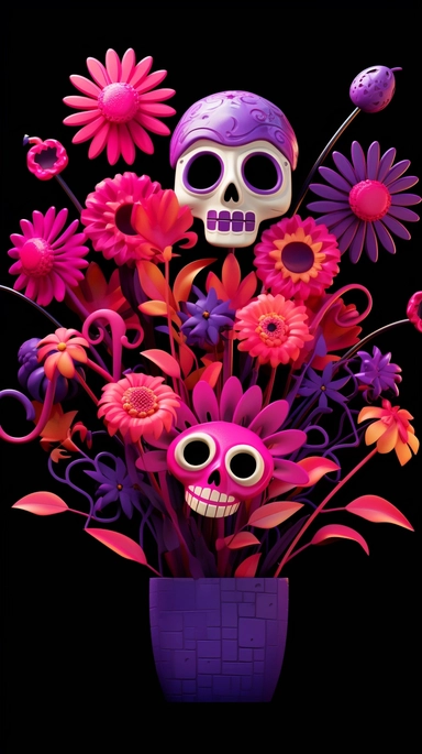 create a funny flowers bouquet, magenta and purple petals, as Halloween, bright green stem, black background, tiny purple bats flying around the flowers, and some tiny funny Catrina skulls for Halloween over emery flower, clipart,